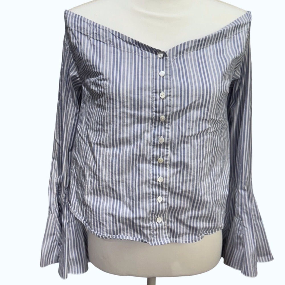 Free People Striped Off Shoulder Button Down Top Bell‎ Sleeve Blouse XS